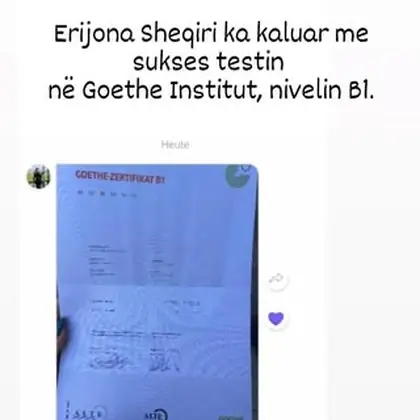 Studentja jonë ka kaluar me sukses testin në Goethe Institut, nivelin B1.