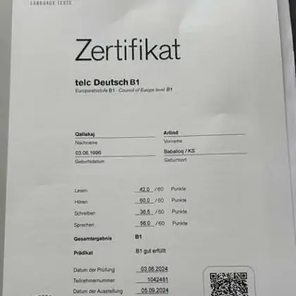 Arlind Qallakaj kaloi me sukses testin e gjuhës gjermane, nivelin B1, Telc.