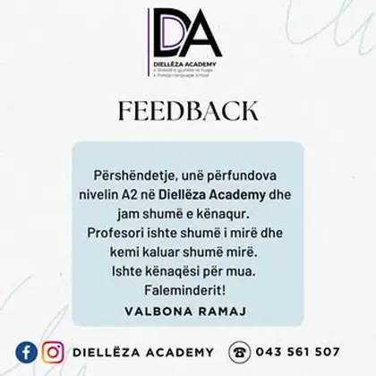 Valbona Ramaj përfundoi me sukses nivelet A1 dhe A2 të gjuhës gjermane në akademinë tonë .