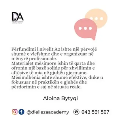 Albina Bytyqi ka përfunduar me sukses nivelet A1 dhe A2 të gjuhës gjermane në akademinë…