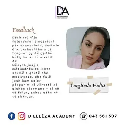 Larglinda vazhdon udhëtimin e saj në gjuhën gjermane me nivelin B1 në Diellëza Academy!